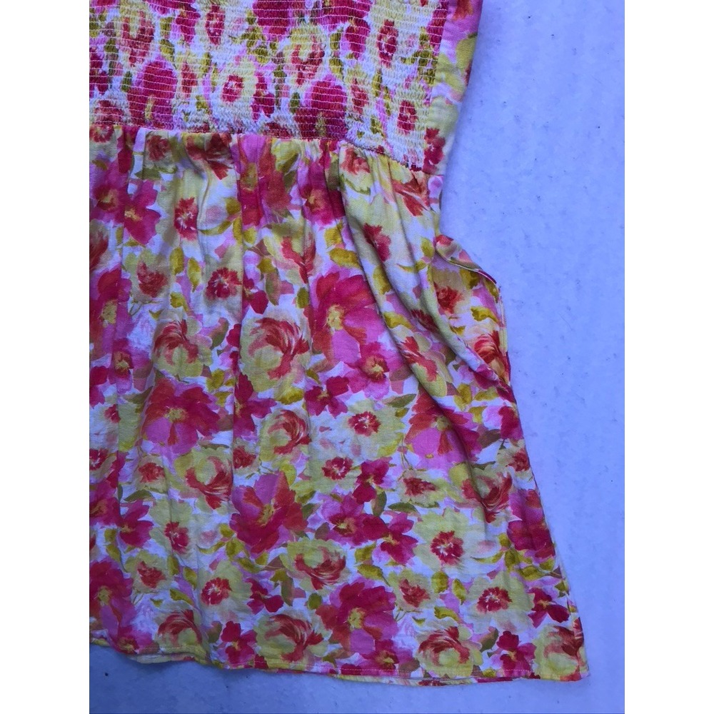 Old Navy Floral Mini Dress Womens Small Pink Yellow Linen Tie Shoulder Smocked - Picture 7 of 9